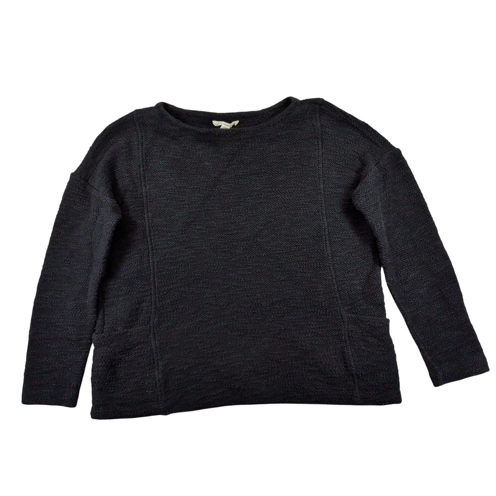 Eileen Fisher Black Textured Cotton Boxy Boat Neck Sweater Pockets XXS